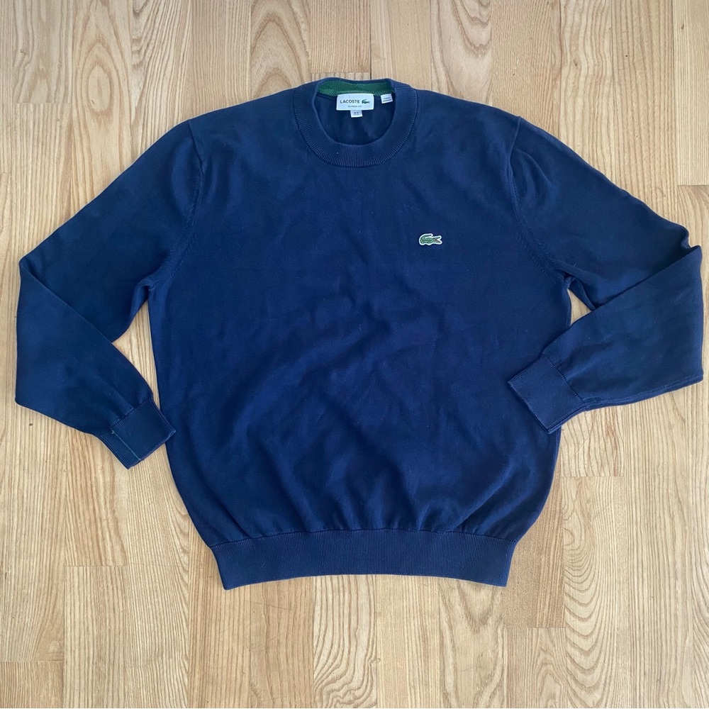 Lacoste Navy Blue Crewneck Sweater Botton Croc Embroidery Paris French Heritage